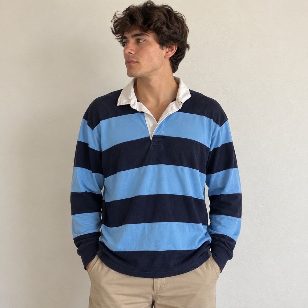 Club Room Mens Rugby Shirt XL Blue Striped Elbow Patch Long Sleeve Preppy Sporty